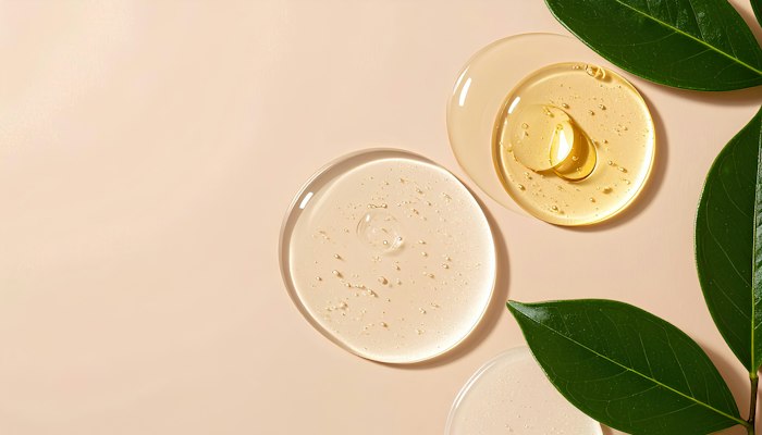 Golden botanical oil and serum textures with fresh leaves